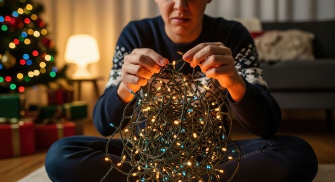 Person untangling a string of christmas lights in a cozy room