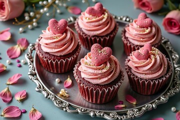 Romantic pink heart cupcakes on silver tray with rose petals and gold accents