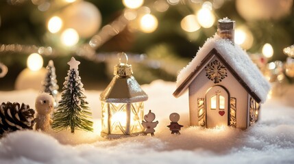 Winter holiday scene featuring a cozy miniature house, glowing lantern, snow-covered trees, and festive decorations, creating a warm and inviting atmosphere for seasonal celebrations