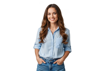 A young woman with long wavy brown hair wearing glasses and a light blue collared shirt and jeans with hands in pockets isolated on transparent background