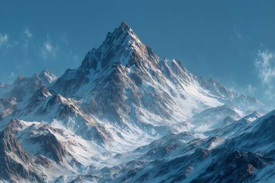 Majestic snow-covered mountain peak with clear blue sky - Powered by Adobe