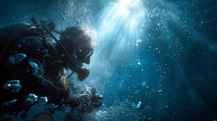 Diver Performing Pre-Descent Check on Equipment Including Oxygen Tank and Regulator for Safety Underwater Exploration