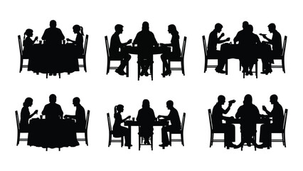 Silhouettes of people socializing and dining at tables isolated on white background, Vector