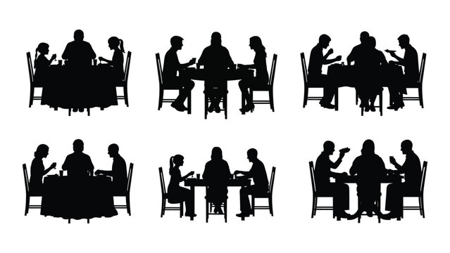 Silhouettes of people socializing and dining at tables isolated on white background, Vector