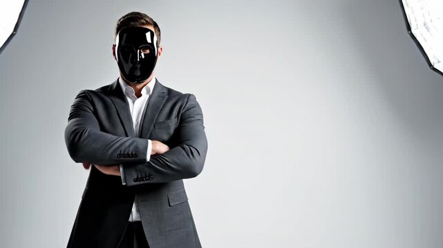 Man in black mask and dark suit standing, adjusting sleeve, and crossing arms. Private security or bodyguard concept.