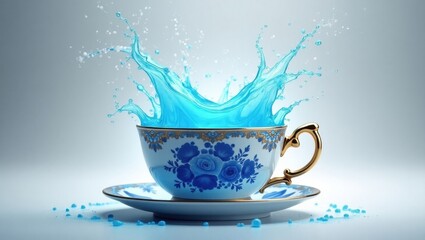 Bright blue liquid splash exploding out of an elegant floral teacup