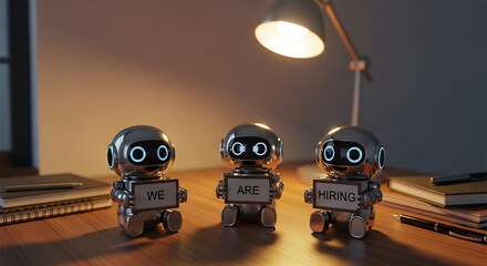 Robots Hiring Concept – Futuristic Recruitment Copy Space Poster, robot hiring, futuristic recruitment, AI hiring, recruitment poster, hiring concept, copy space design, robot workforce, digital hire
