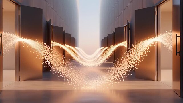 An Open Door Policy: Golden light illuminates a conceptual business corridor, revealing endless possibilities, future opportunities, growth, connection, and innovation.