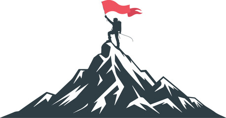 Silhouette Person Standing Top of Mountain Holding Victory Flag Symbolizing Achievement Success Goal Conquering Obstacle