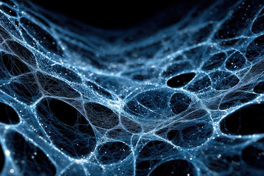 Abstract blue network pattern with glowing nodes and interconnected fibers