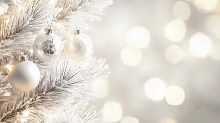 White Christmas tree adorned with shimmering ornaments and soft lights, creating a magical holiday atmosphere with blurred bokeh background for festive celebrations
