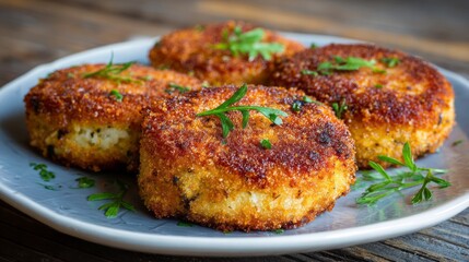 Crispy breaded fish patties served on white plate with golden crunch, delicious fried seafood meal perfect for lunch or dinner, close-up food photography with appetizing texture