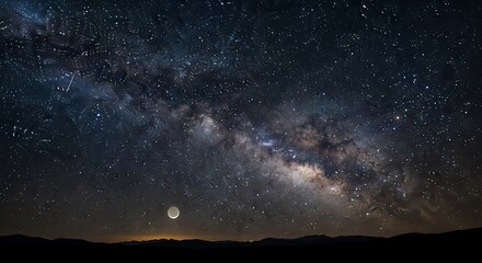 Vast milky way galaxy arches over a dark horizon under a starry sky