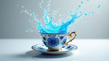 Blue liquid splashing out of a decorative teacup and saucer