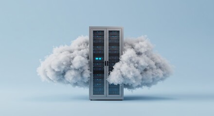 A single server rack enveloped by soft, white clouds against a serene light blue backdrop, illustrating the concept of cloudbased data management