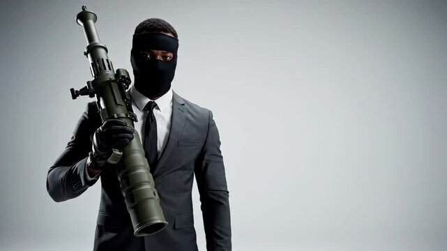 African American man in suit and balaclava holding dark green launcher. Dangerous bodyguard or hitman with weapon.