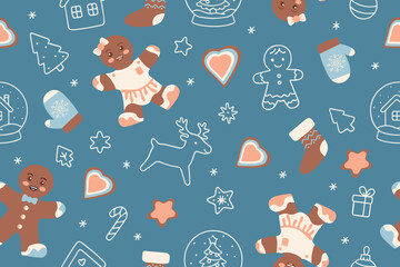 Charming seamless pattern featuring gingerbread figures, holiday icons, and winter elements on a blue background. Ideal for festive designs, wrapping paper, and holiday decor.