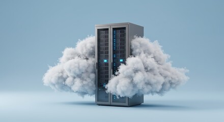 A server rack is enveloped by fluffy clouds, representing the concept of cloud computing and secure data management