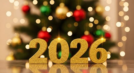 Sparkling golden glitter numbers 2026 in front of a blurred christmas tree with lights