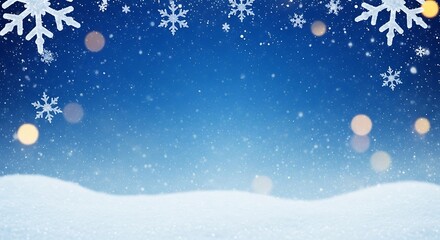 Winter snowflakes and bokeh lights on a snowy landscape background