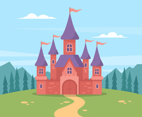 Fairytale magic castle scene background. Vector stock