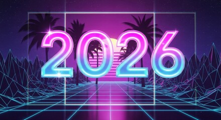 Retro Futurism 2026 New Year Celebration Sunset Road