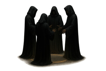 Group of robed and hooded figures gathering around a glowing magic circle, performing a mystical and dark ritual. Transparent background