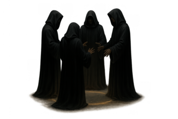 Group of robed and hooded figures gathering around a glowing magic circle, performing a mystical and dark ritual. Transparent background