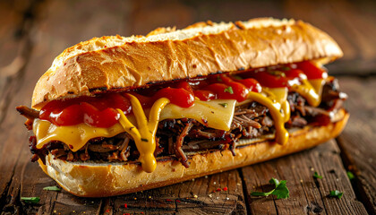 Crusty sub sandwich with meat and cheese, tomato sauce and mustard drizzle, rustic wooden table