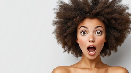 Surprised woman shows excitement and emotion with curly hair