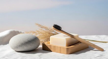 Natural bath and body products with bamboo toothbrush and dried grass