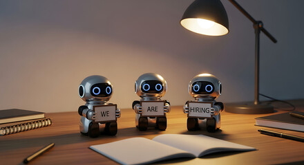 Robots Hiring Concept – Futuristic Recruitment Copy Space Poster, robot hiring, futuristic recruitment, AI hiring, recruitment poster, hiring concept, copy space design, robot workforce, digital hire
