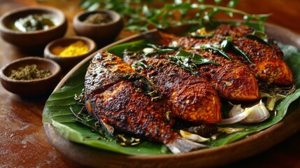 Delicious kerala-style fish fry with exotic spices served on traditional plate, authentic south indian seafood recipe, freshly cooked spicy fish dish with aromatic seasonings