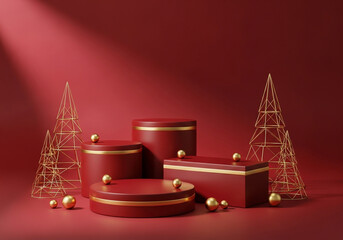 Elegant red and gold christmas podiums with decorative trees and baubles, perfect for holiday product displays and festive themes
