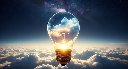 Glowing light bulb filled with clouds and sky above a sea of clouds