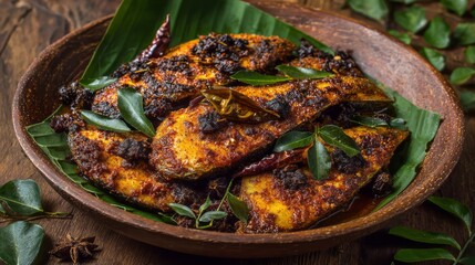 Delicious kerala-style fish fry with exotic spices served on traditional plate, authentic south indian seafood recipe, freshly cooked spicy fish dish with aromatic seasonings