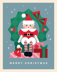 Christmas illustration in contemporary flat minimalist geometric style with little Santa's helper sitting on the pile of gift boxes.  Design for Holiday greeting cards, postcards or advent calendar. 