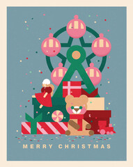 Christmas illustration in contemporary flat minimalist geometric style with the pile of gift boxes and toys. Design for Holiday greeting cards, postcards or advent calendar. 