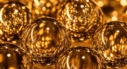 Close up of shimmering golden spheres reflecting warm light