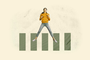 Poster art collage of person sit stand jump on column brick over pastel background