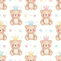 Watercolor seamless pattern, watercolor bears wearing crowns, white background