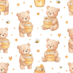 Fototapeta premium Watercolor seamless pattern, watercolor bears and honey jars, white background
