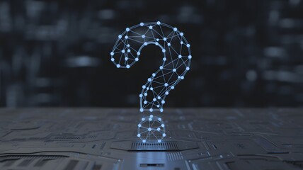 Futuristic glowing digital question mark made of network connections on dark background, abstract concept of curiosity, artificial intelligence, and problem solving