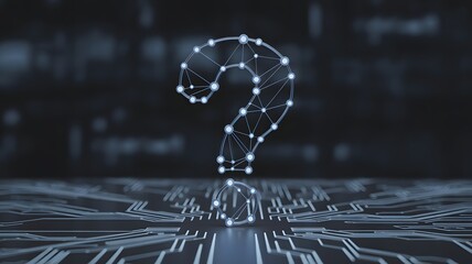Futuristic glowing digital question mark made of network connections on dark background, abstract concept of curiosity, artificial intelligence, and problem solving