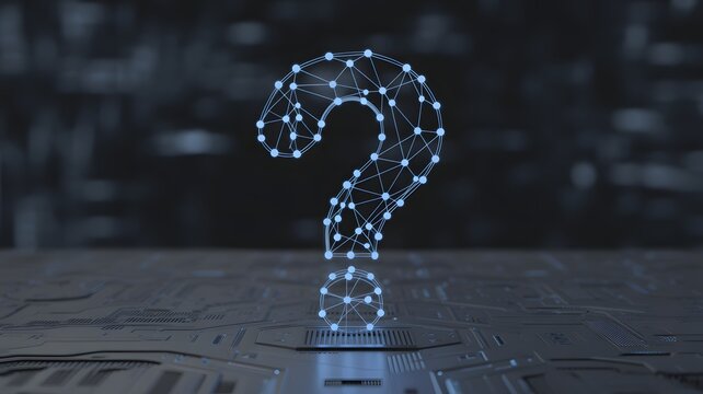 Futuristic glowing digital question mark made of network connections on dark background, abstract concept of curiosity, artificial intelligence, and problem solving