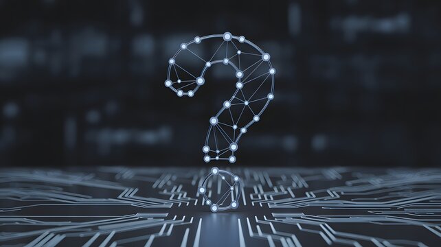 Futuristic glowing digital question mark made of network connections on dark background, abstract concept of curiosity, artificial intelligence, and problem solving - Powered by Adobe