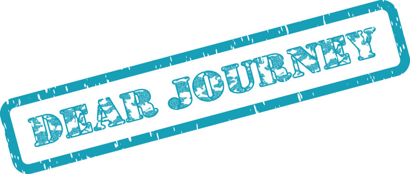 Blue distressed rubber stamp displaying the inspiring phrase DEAR JOURNEY inside a framed rectangular area