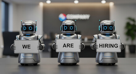 Robots Hiring Concept – Futuristic Recruitment Copy Space Poster, robot hiring, futuristic recruitment, AI hiring, recruitment poster, hiring concept, copy space design, robot workforce, digital hire
