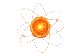 Abstract glowing atomic structure showing proton and electron orbits, representing science, energy, and nuclear fusion