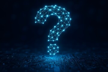 Futuristic glowing digital question mark made of network connections on dark background, abstract concept of curiosity, artificial intelligence, and problem solving